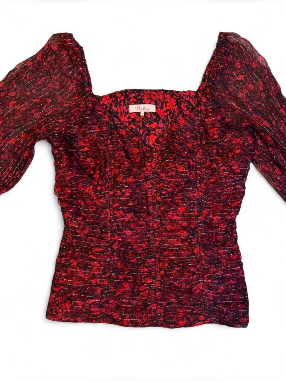 Parker Red and Black Floral Ruched Square-Neck Puff Sleeve Top